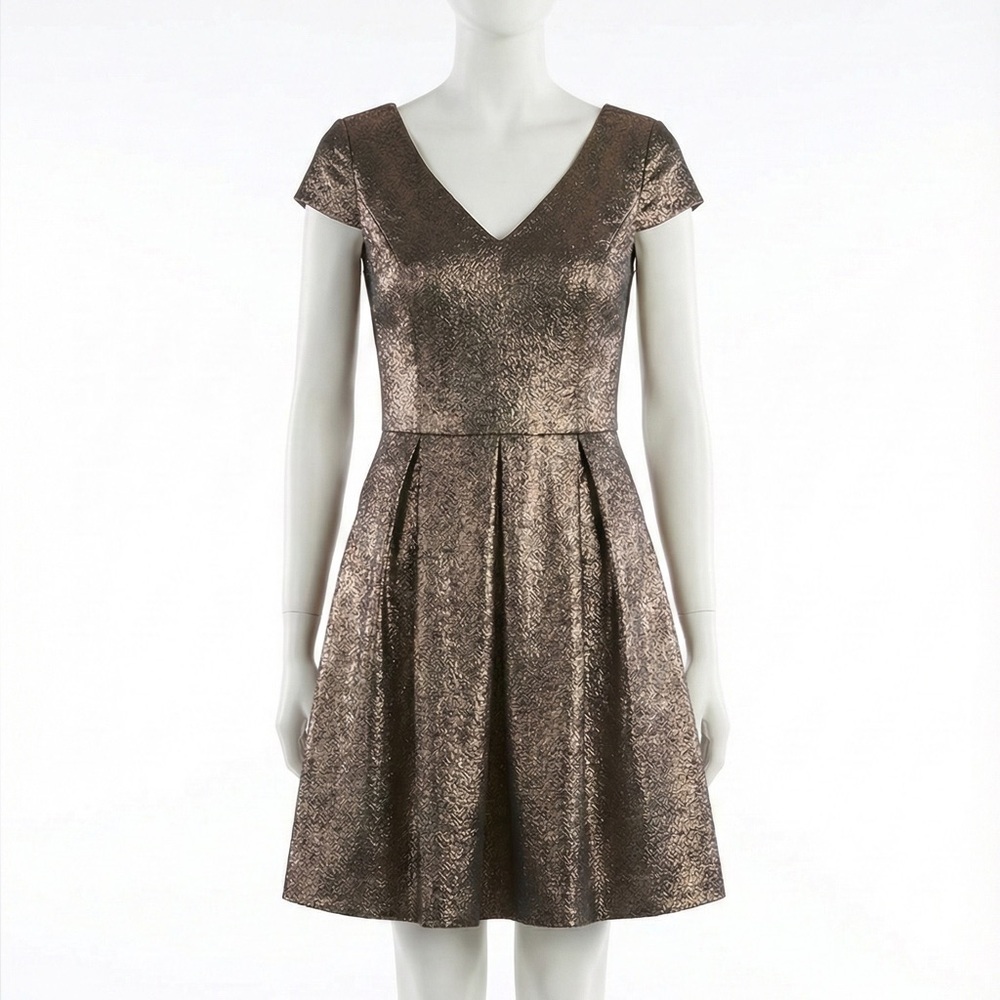 Vince Camuto Gold Metallic Brocade Fit Flare V Neck Glam Party Dress Womens Sz 8